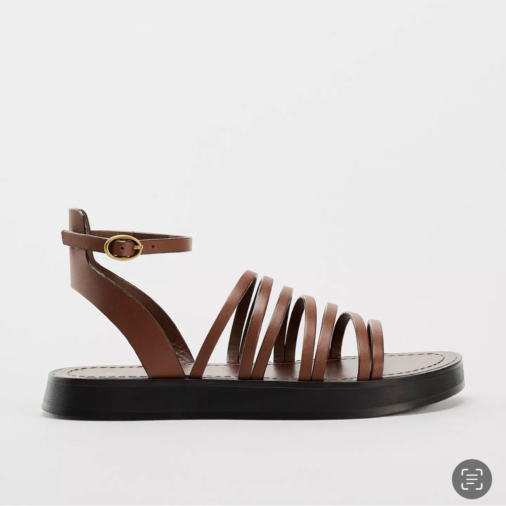 Zara Brown Leather Strappy Flat Sandals